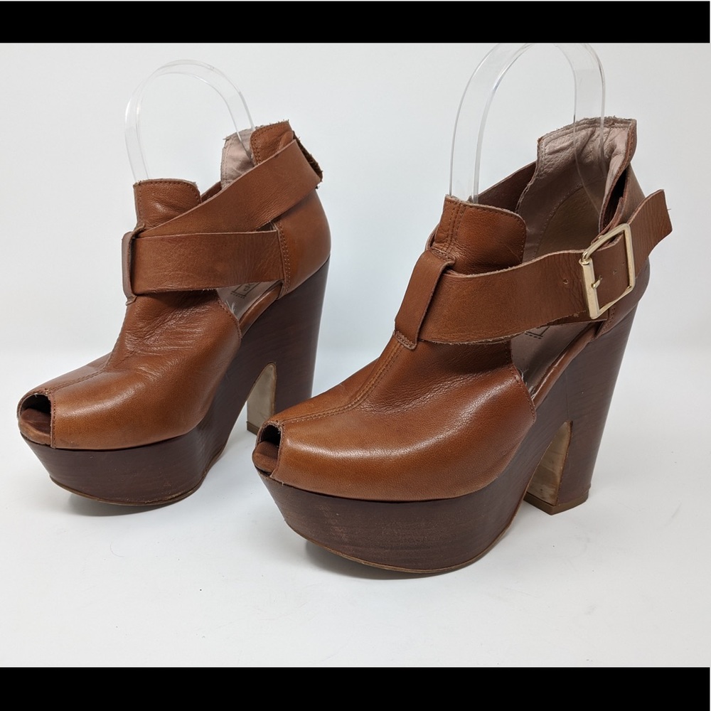 Brown leather block heels